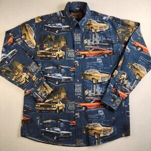Magellan Sportswear Long Sleeve Medium Button Up Shirt Muscle Classic Cars VTG